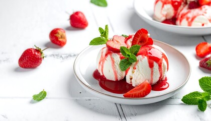 Close-up of vanilla ice cream scoops on a plate, drizzled with vibrant red sauce and fresh strawberry slices