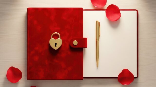 Open red journal with heart lock and golden pen.