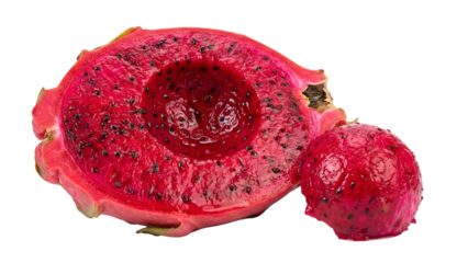 Sliced Red Dragon Fruit Half and Scoop of Flesh Isolated