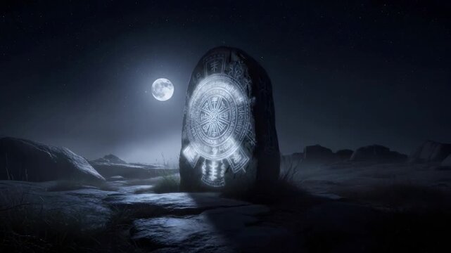 Ancient rune stone pulsing with light at night under a full moon, supernatural power mystic aura glow