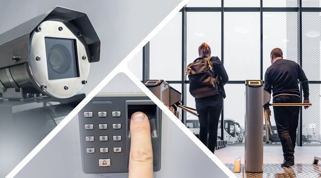 Access control systems, security management. CCTV camera, keypad and turnstile regulate entry, monitor people flow, ensure building security and controlled access.