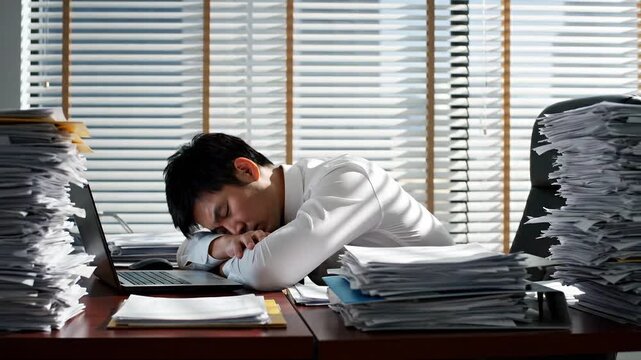 A tired businessman falls asleep at his desk in a modern office during a video meeting.
