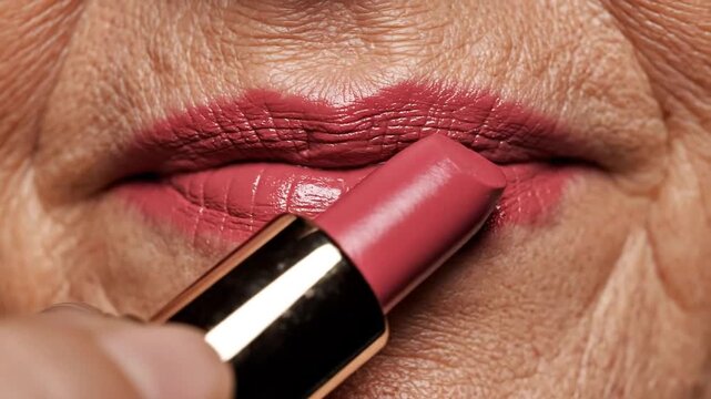 Woman applying pink lipstick closeup.