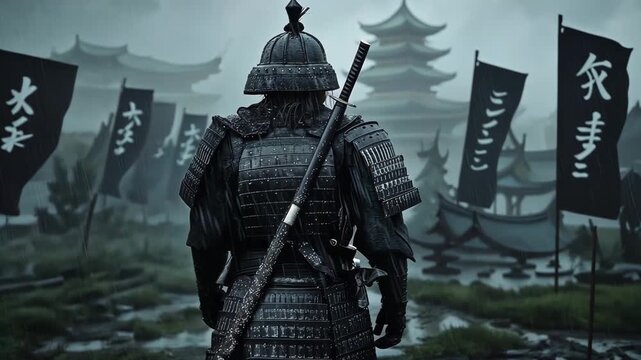 A samurai warrior in armor surveys the landscape filled with banners and traditional structures during early morning fog