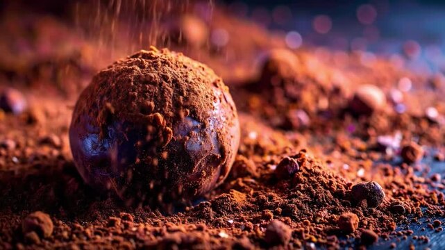 Close up of chocolate truffle sprinkled with cocoa powder in studio