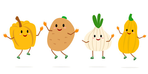 Various cute character mascots vegetables include peppers, potatoes, onions, and pumpkins. Vector character mascots of peppers, potatoes, onions, and pumpkins with facial expressions and gestures.