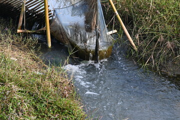 A traditional bamboo and mesh fishing trap is set in a narrow, flowing stream. The structure uses slanted bamboo poles to funnel water and fish into a fine blue net. Sustainable fishing method.