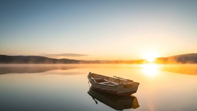 Small Wooden Rowboat on Calm Lake Water at Dawn with Copy Space