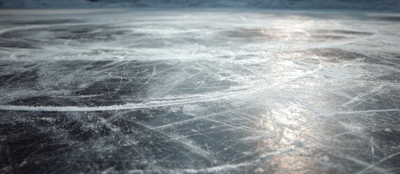 Low-angle view of an ice surface, scratched, reflecting light. Background slightly blurred