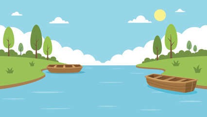 Serene River Landscape with Wooden Boats Flat Vector Illustration.Peaceful Blue Lake Scene with Rowboats and Green Forest Banks.Calm River with Sunlight and Clouds Nature Background