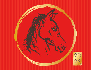 Vector vintage illustration of horse head in Asian sumi-e style for Chinese new year 2026. Vector horse head like symbol 2026 year in lunar calendar.