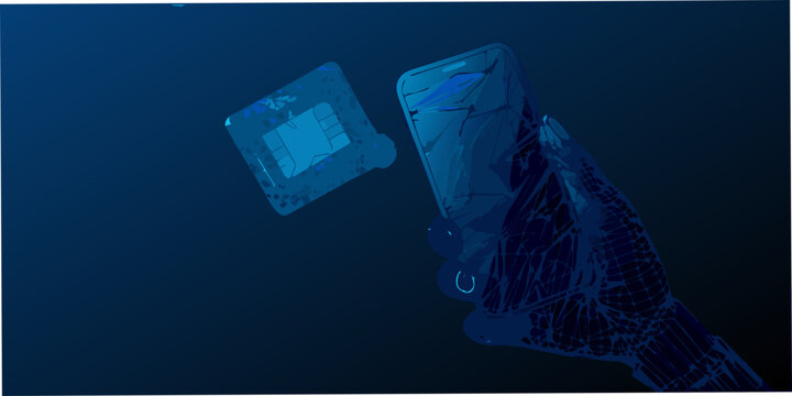 Abstract depiction of a hand holding a smartphone and a sim card