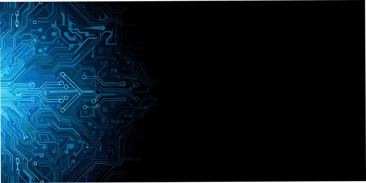 Abstract blue circuit board pattern against a dark black background