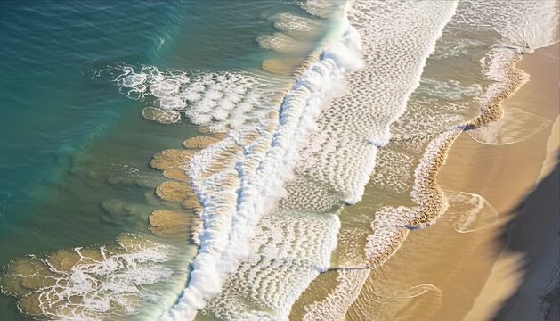 Aerial beach wave ocean surf sea foam coastline sand shore serene summer nature outdoor scene with gentle surf pattern relaxing blue water meeting golden sand shoreline scenic coast seascape view