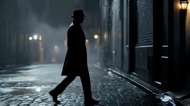 Mysterious Silhouette Detective Walking Down Foggy Cobblestone Street at Night
