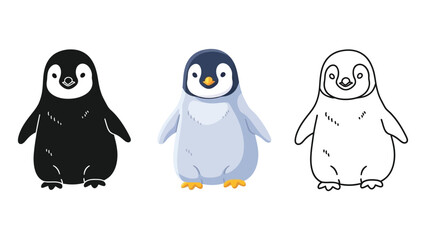 Fototapeta premium Baby penguin icons, black silhouette, color, and outline