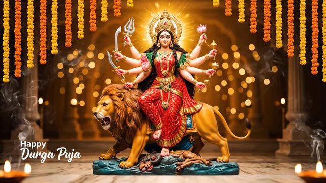 Maa Durga Idol on Lion Happy Durga Puja Festival Background