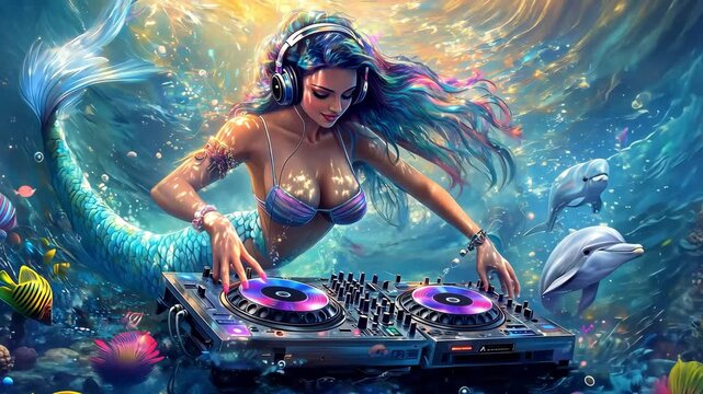 A mermaid plays music on a DJ setup submerged in water with dolphins and tropical fish present in the background