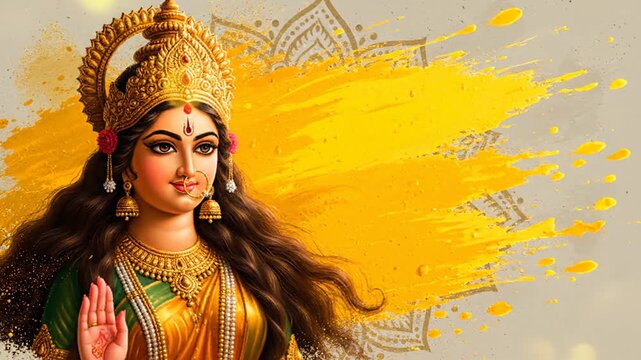 Divine Goddess Maa Lakshmi Durga Indian Festival Art Yellow Background
