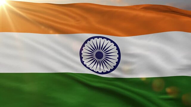 Vibrant Indian tricolor flag waving majestically against a bright sky with sun rays for national identity concept and patriotic pride
