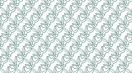Fototapeta premium Seamless diagonal repeating pattern featuring delicate, stylized outline illustrations of hearts intertwined with graceful leaves and organic botanical elements