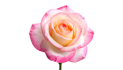 Close-up of a vibrant rose, petals blending pink, white, and yellow against black