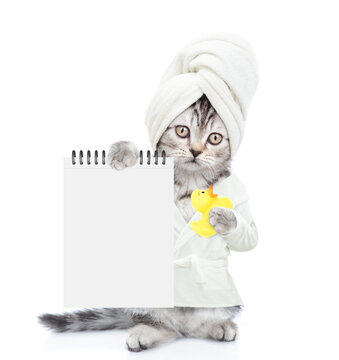 Cute kitten with towel on it head wearing bathrobe standing on hind legs and holding rubber duck and showing blank notepad. Empty space for text. Isolated on white background