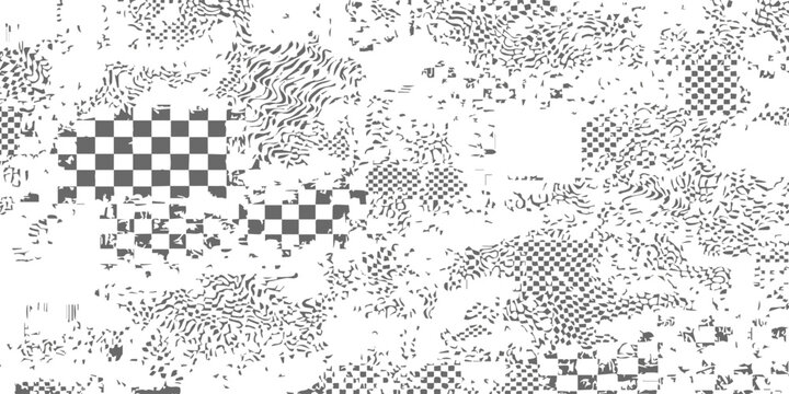 Abstract black and white seamless pattern with glitch and checkerboard elements