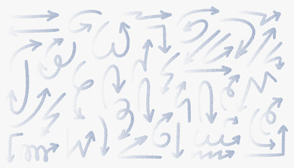 Collection of various hand drawn grainy arrows with stipple texture, showcasing different directions and dynamic styles on a white isolated background