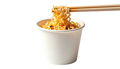 Close-up of instant noodles in a white paper cup, chopsticks picking up a portion