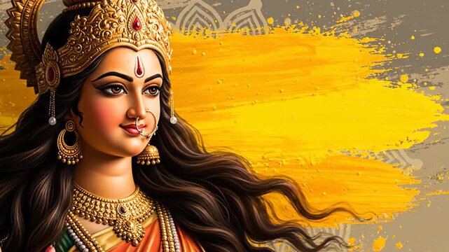 Hindu Goddess Durga Devi Portrait Yellow Brush Stroke Navratri Festival Banner