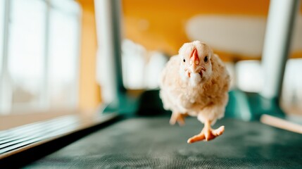 A quirky image of a chick running on a treadmill, presenting a humorous and unique perspective on fitness and determination, showcasing the unexpected in everyday life.
