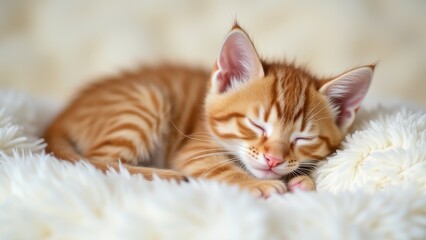 cute little red kitten sleeping on soft white fur blanket peaceful pet resting scene with cozy texture and warm mood concept of animal care pet products veterinary lifestyle