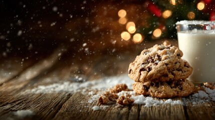 A cozy scene showcasing freshly baked cookies with chocolate chips beside a glass of milk, creating a warm holiday atmosphere enriched by soft bokeh lights in the background.