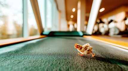 A fluffy chick is energetically running on a treadmill, showcasing a humorous and unconventional take on fitness and motivation, combining playful elements with an active lifestyle.