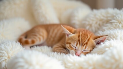 cute little red kitten sleeping on soft white fur blanket peaceful pet resting scene with cozy texture and warm mood concept of animal care pet products veterinary lifestyle