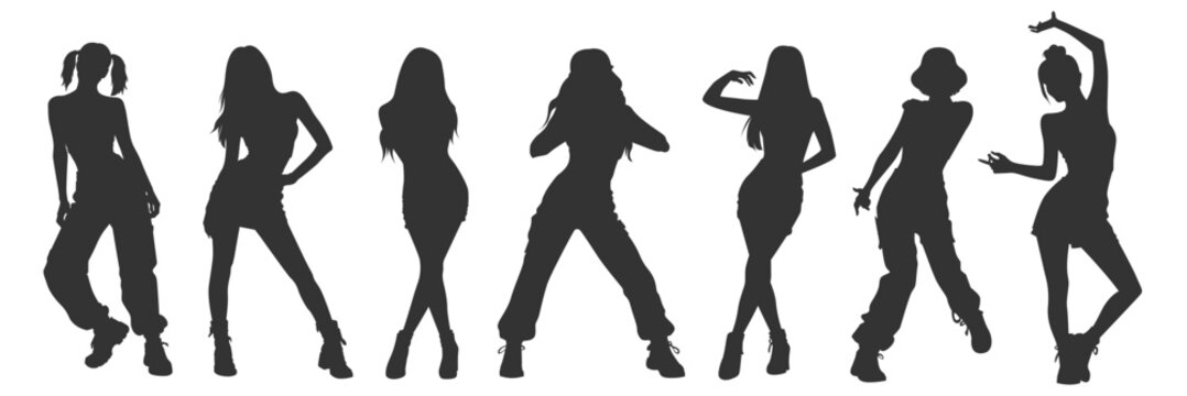 Set vector illustrations silhouettes kpop idol singing and dancing on stage. Bundle monochrome design kpop music star. Female dancer, rapper, singer with various style, pose, gesture and choreography.