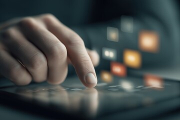 Human hand touching digital tablet screen with futuristic interface. Concept of modern technology, communication, and connectivity in dark environment