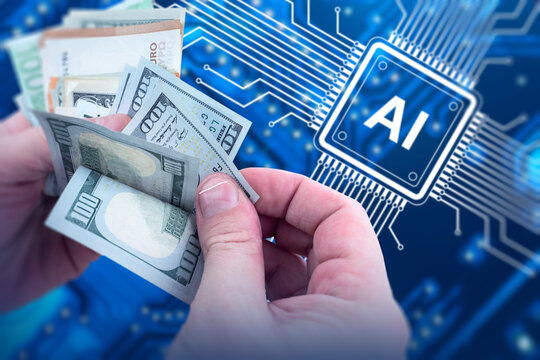 Financial technology investment, hands count cash near AI processor symbol, evaluates digital economy profits, artificial intelligence monetization and smart finance strategies.