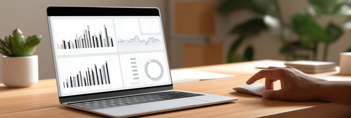 Hand using computer mouse next to laptop displaying various business graphs, charts, and data for analysis on wooden desk with plant