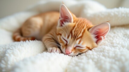 cute little red kitten sleeping on soft white fur blanket peaceful pet resting scene with cozy texture and warm mood concept of animal care pet products veterinary lifestyle