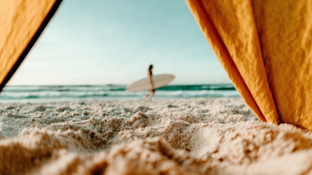 A captivating silhouette of a surfer walking along the beach as the sun sets, symbolizing freedom, adventure, and the essence of perfect moments in surfing and coastal living. - Powered by Adobe