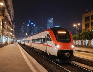 Fototapeta premium High-speed train at night with motion blur and bokeh city lights
