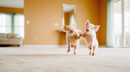 Two adorable piglets playfully leap across a soft carpet in a cozy home setting, embodying the joy and innocence of childhood and animals living harmoniously together.