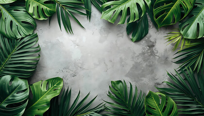 tropical leaves with vibrant leaves on grey wall texture