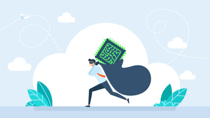 Man stealing chip and running away. Hacker stealing technology. Concept of data breach, file hacking, computer security vulnerability, or cybercrime. Vector illustration