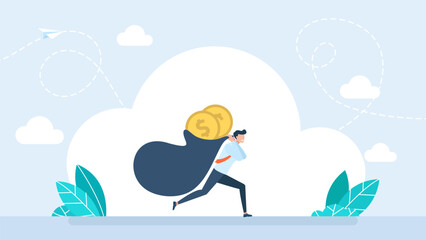 Business Financial success goal, businessman carrying big heavy sack full of cash money. Man carrying bag of money, rejoicing at amount of finance earned or receiving dividends. Vector illustration