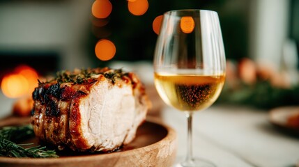 An appetizing close-up image of a succulent roast on a wooden plate, accompanied by a glass of white wine, set against a cozy, inviting ambiance for a festive meal.