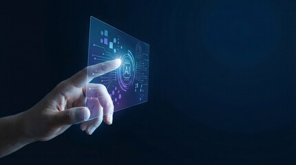 Hand interacting with futuristic AI technology interface