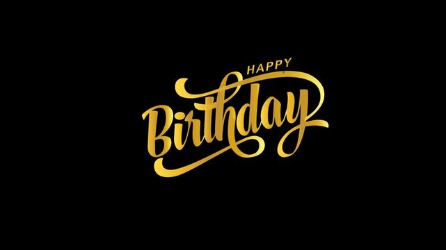 Elegant Golden Happy Birthday Calligraphy on Black Background with Glitter.